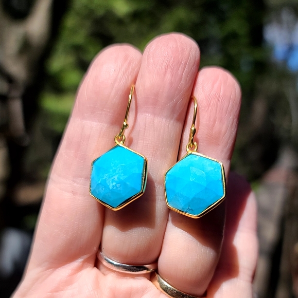 Turquoise faceted sterling & gold dramatic earrings - Picture 4 of 6